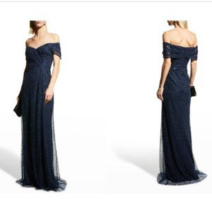 NWT Teri Jon Beaded Tulle Draped Off-Shoulder Gown